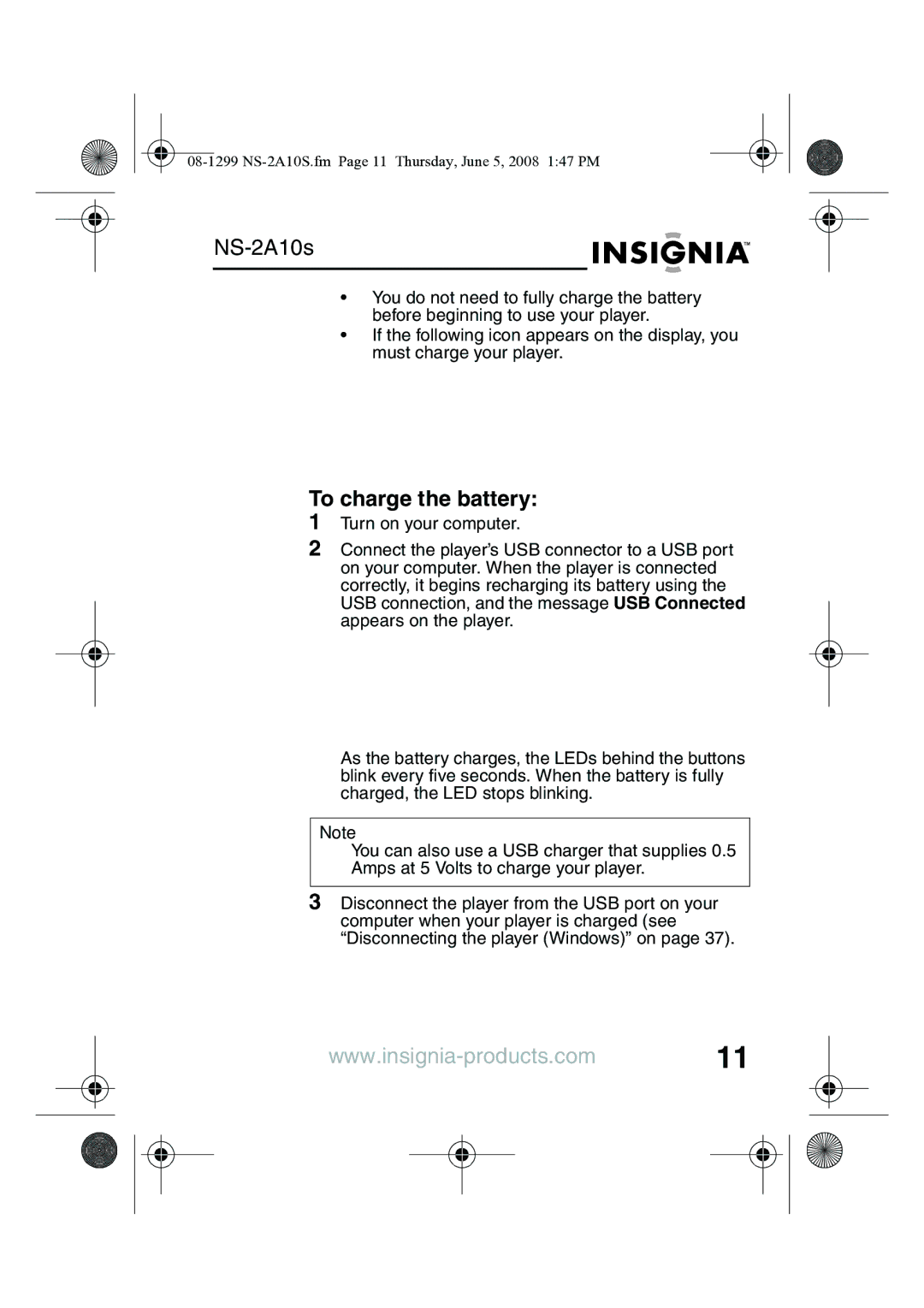 Insignia NS-2A10S manual To charge the battery 