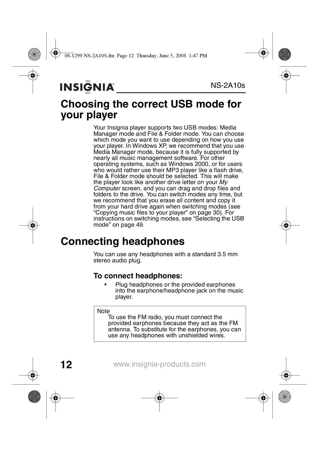 Insignia NS-2A10S manual Choosing the correct USB mode for your player, Connecting headphones, To connect headphones 