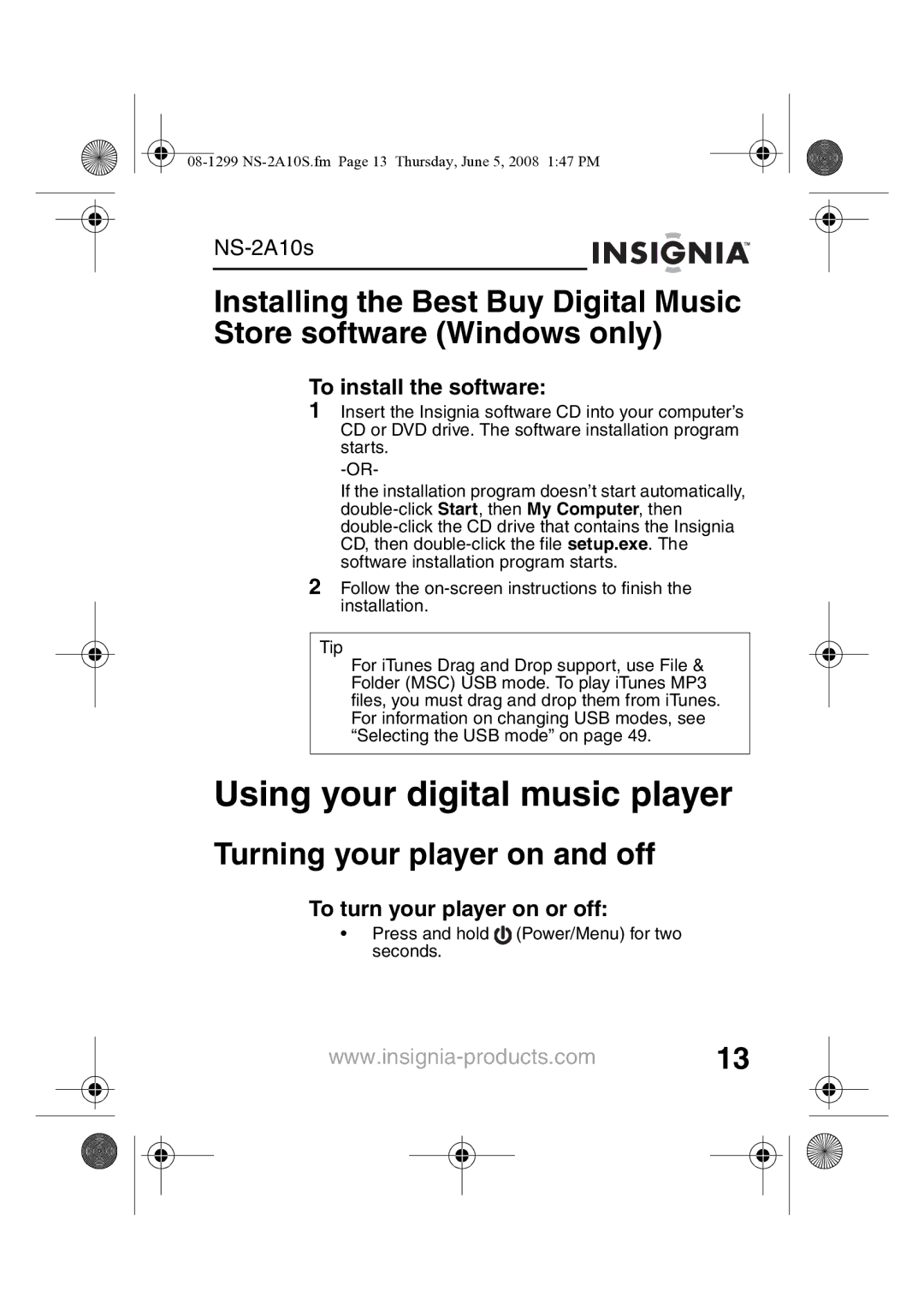 Insignia NS-2A10S manual Using your digital music player, Turning your player on and off, To install the software 