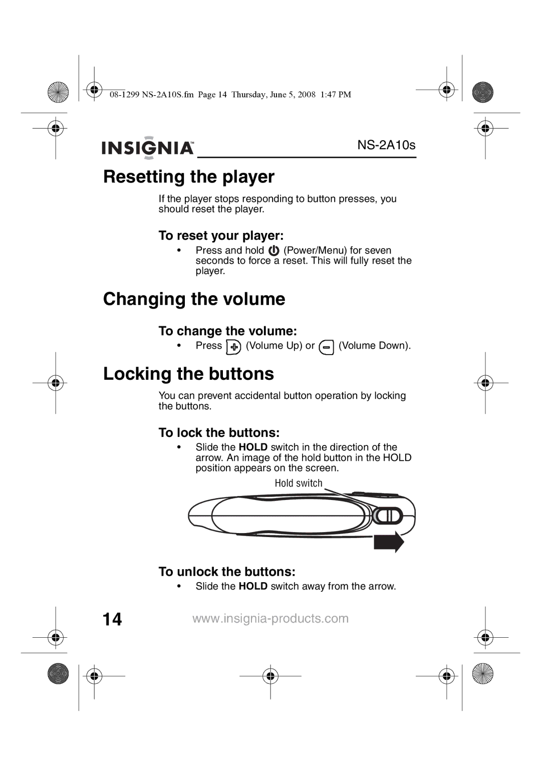 Insignia NS-2A10S manual Resetting the player, Changing the volume, Locking the buttons 