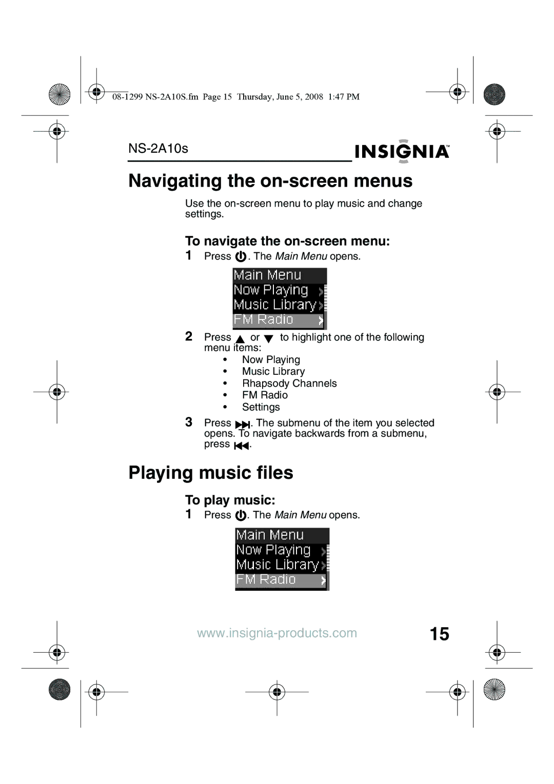 Insignia NS-2A10S manual Navigating the on-screen menus, Playing music files, To navigate the on-screen menu, To play music 