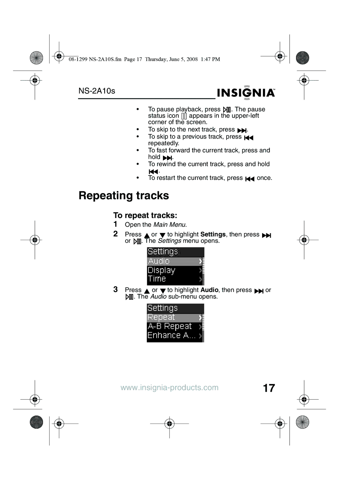 Insignia NS-2A10S manual Repeating tracks, To repeat tracks 