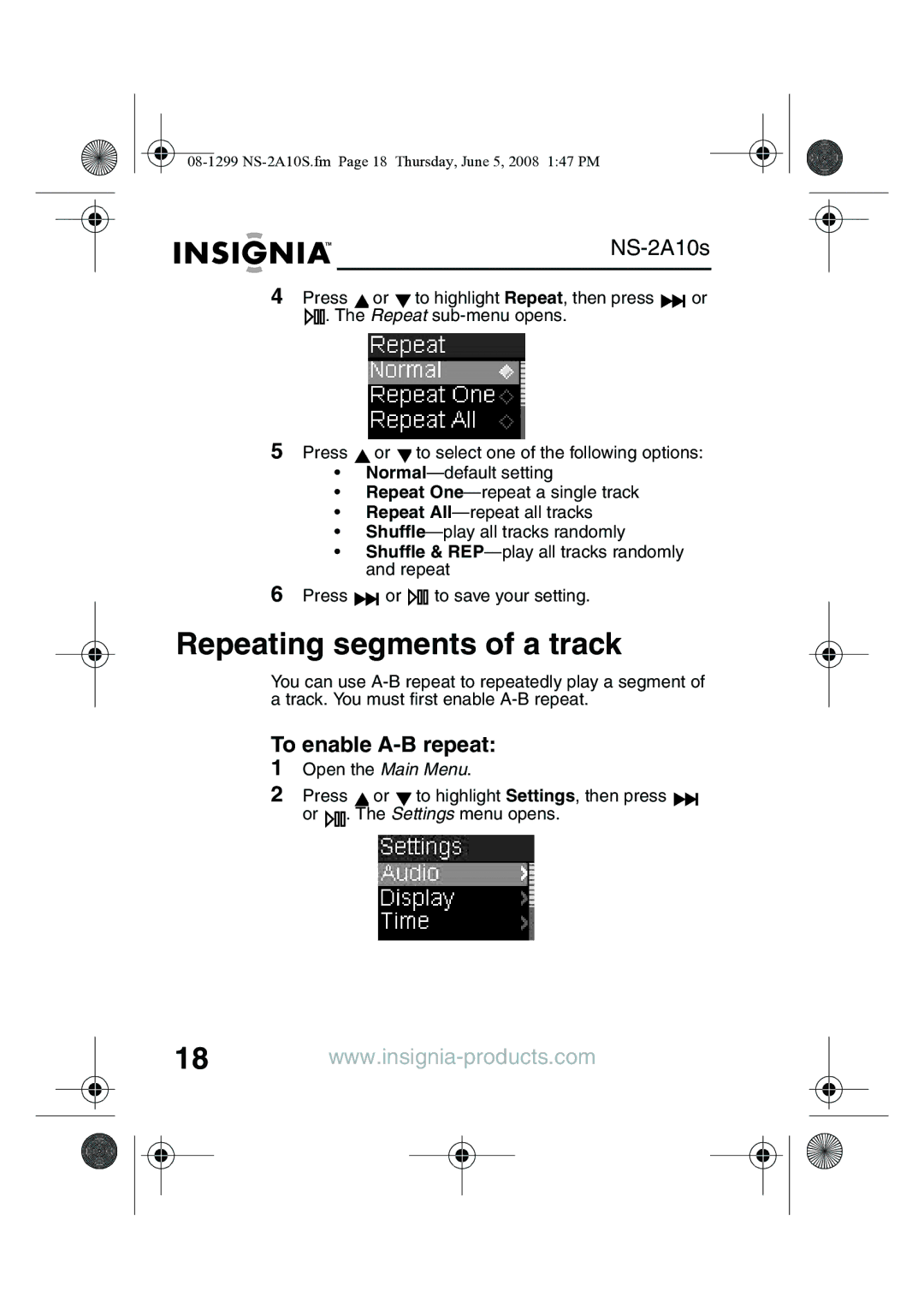 Insignia NS-2A10S manual Repeating segments of a track, To enable A-B repeat 