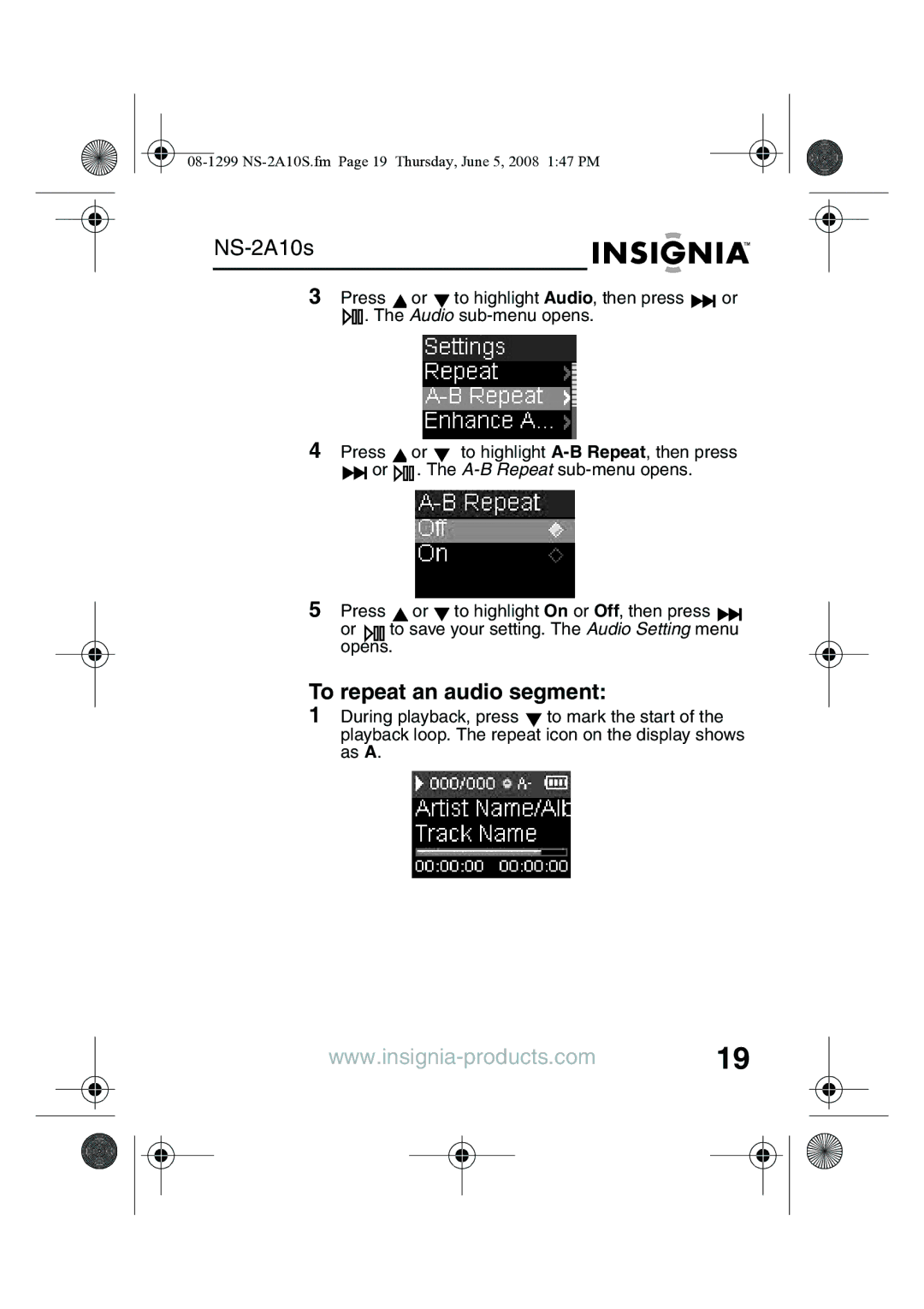 Insignia NS-2A10S manual A-B Repeat sub-menu opens 