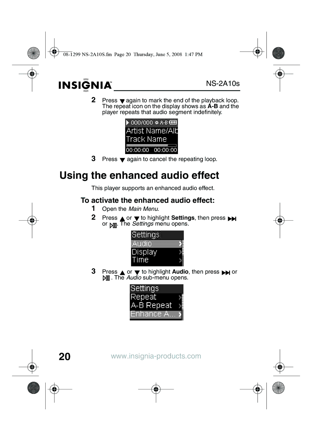 Insignia NS-2A10S manual Using the enhanced audio effect, To activate the enhanced audio effect 