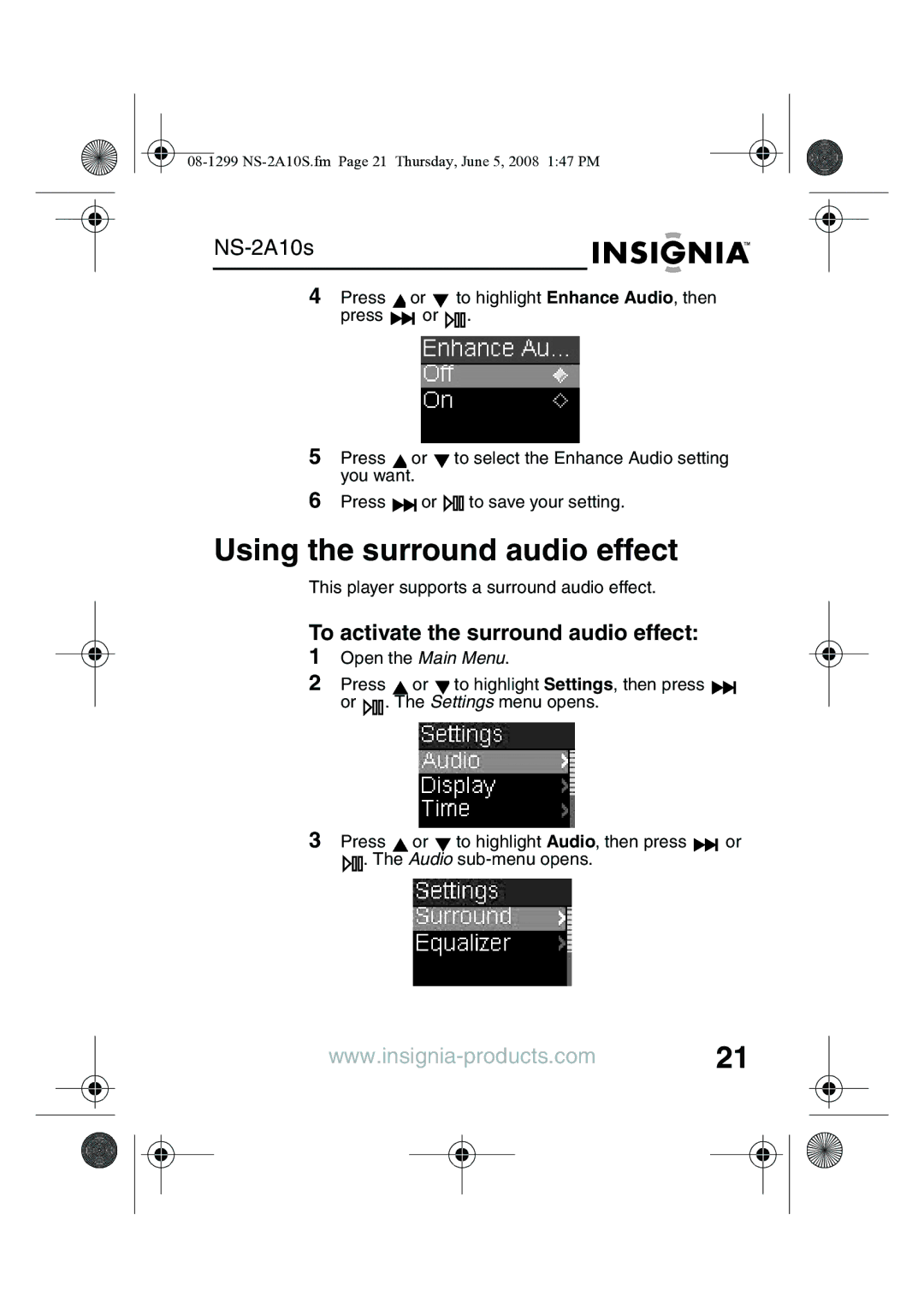 Insignia NS-2A10S manual Using the surround audio effect, To activate the surround audio effect 