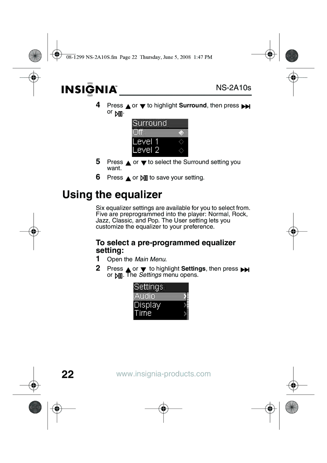 Insignia NS-2A10S manual Using the equalizer, To select a pre-programmed equalizer setting 