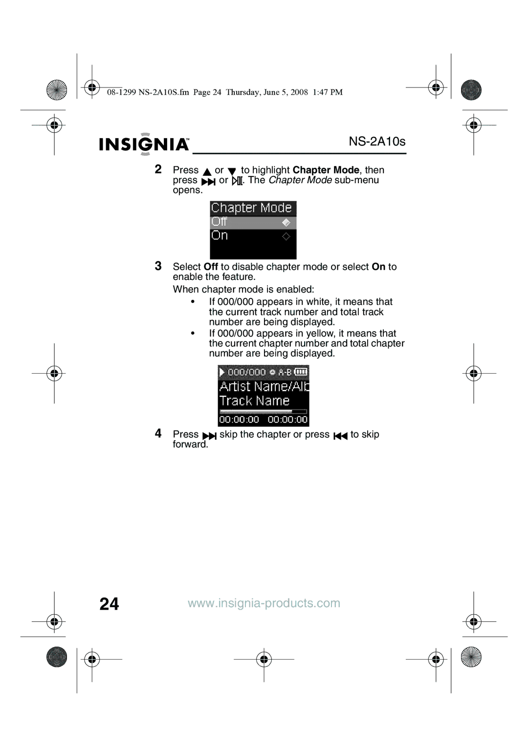 Insignia NS-2A10S manual Skip the chapter or press to skip 