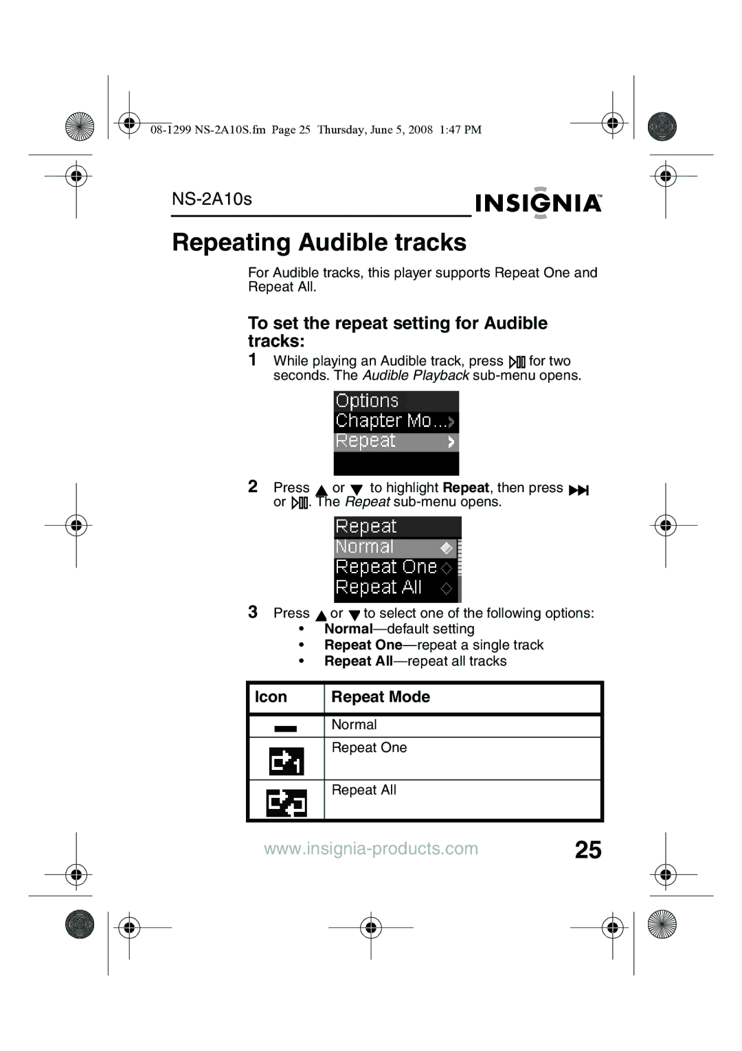 Insignia NS-2A10S manual Repeating Audible tracks, To set the repeat setting for Audible tracks 