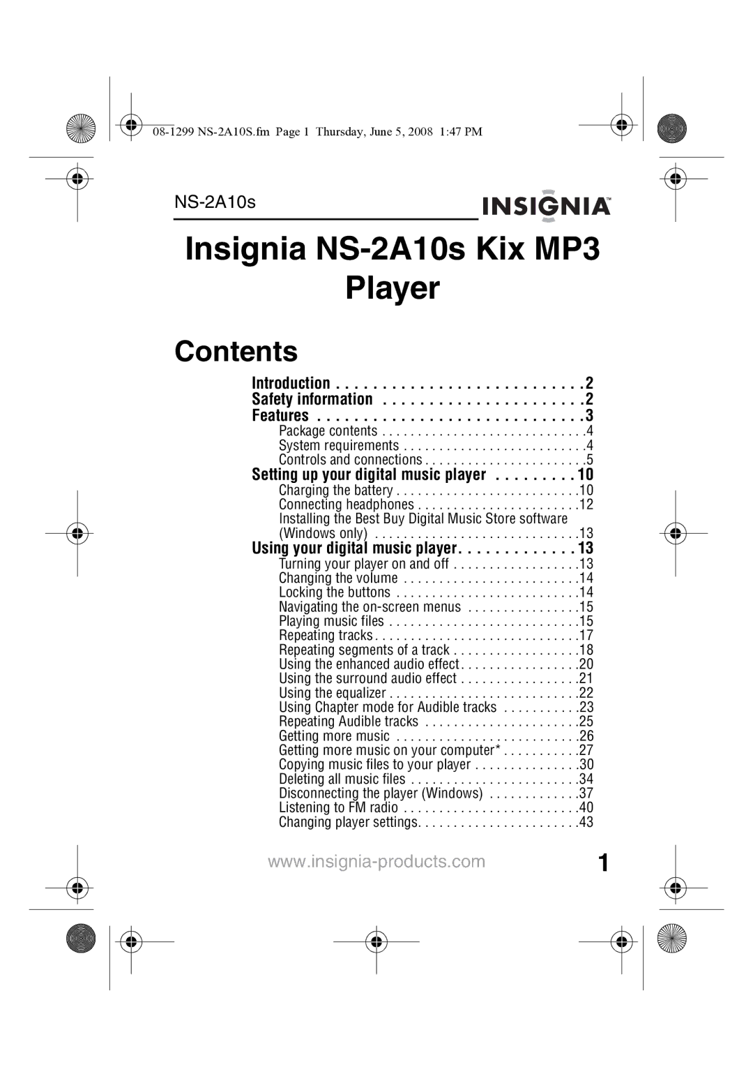 Insignia NS-2A10S manual Insignia NS-2A10s Kix MP3 Player, Contents 