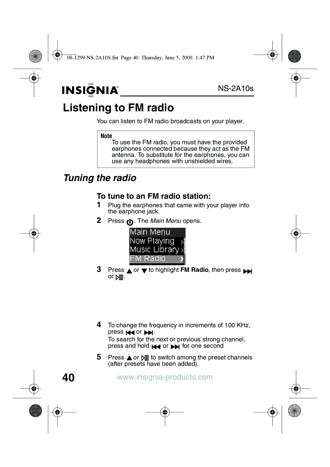 Insignia NS-2A10S manual Listening to FM radio, Tuning the radio, To tune to an FM radio station 