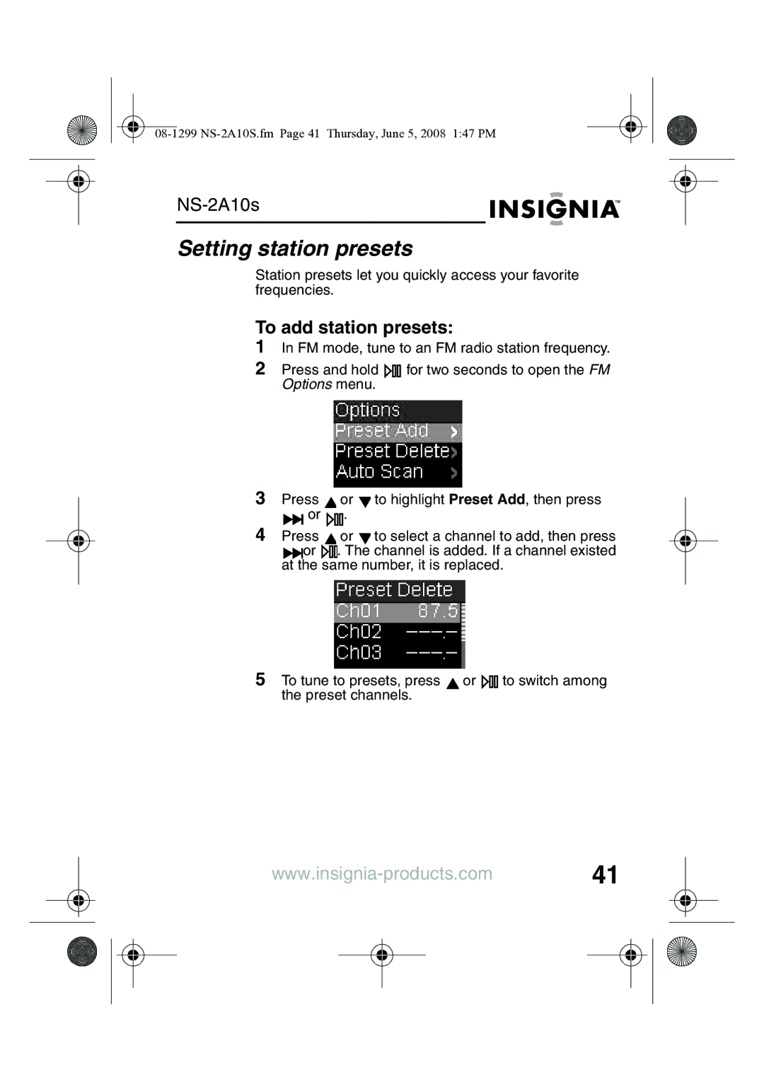 Insignia NS-2A10S manual Setting station presets, To add station presets 