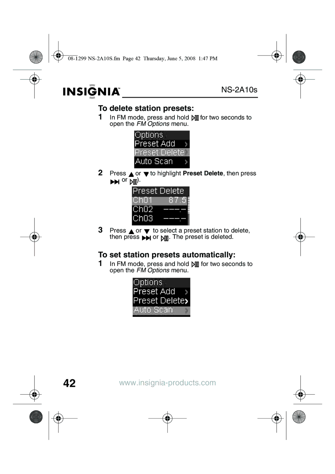 Insignia NS-2A10S manual To delete station presets, To set station presets automatically 