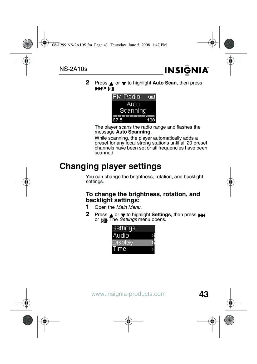 Insignia NS-2A10S manual Changing player settings, To change the brightness, rotation, and backlight settings 