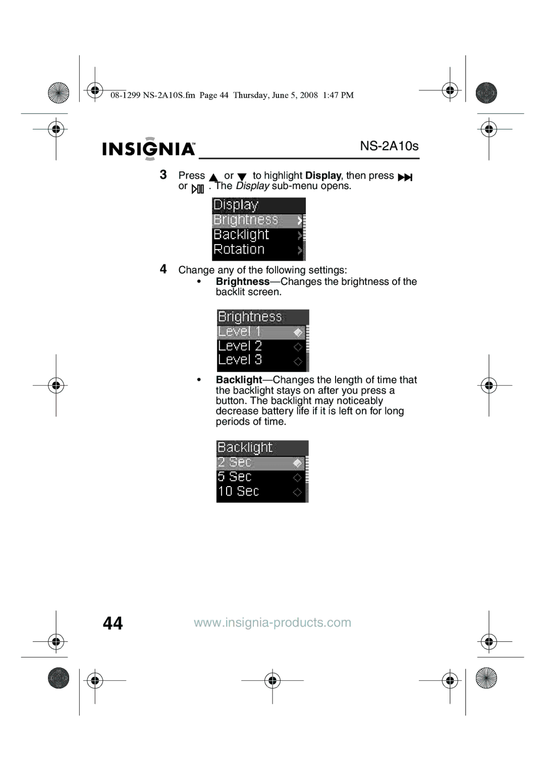 Insignia manual 08-1299 NS-2A10S.fm Page 44 Thursday, June 5, 2008 147 PM 