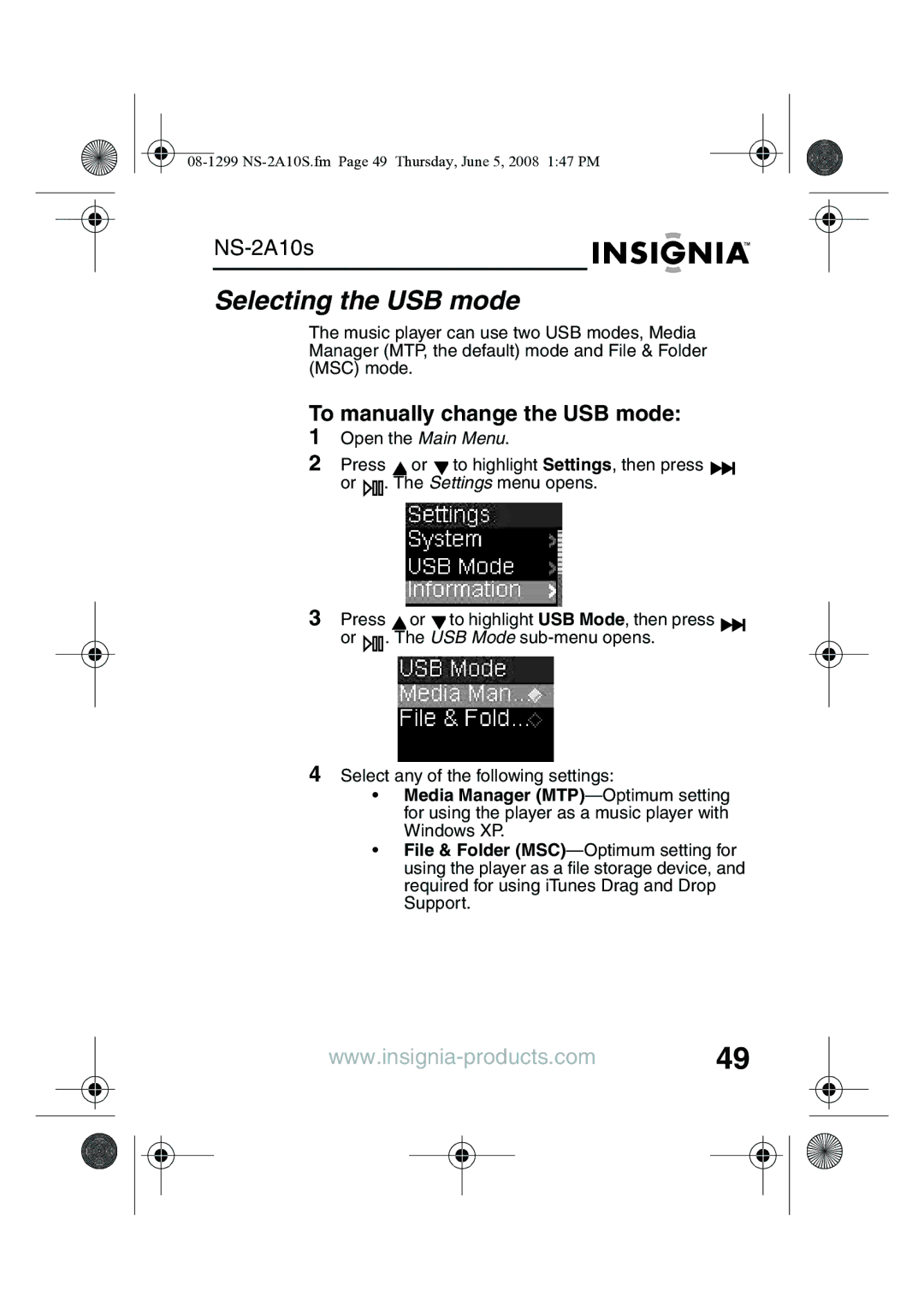 Insignia NS-2A10S Selecting the USB mode, To manually change the USB mode 