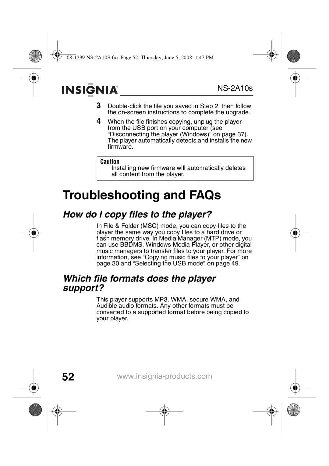 Insignia NS-2A10S manual Troubleshooting and FAQs, How do I copy files to the player? 