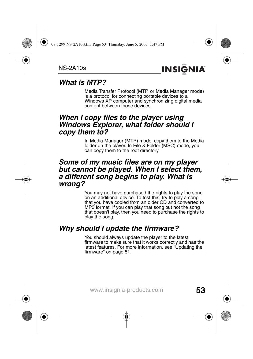 Insignia NS-2A10S manual What is MTP?, Why should I update the firmware? 