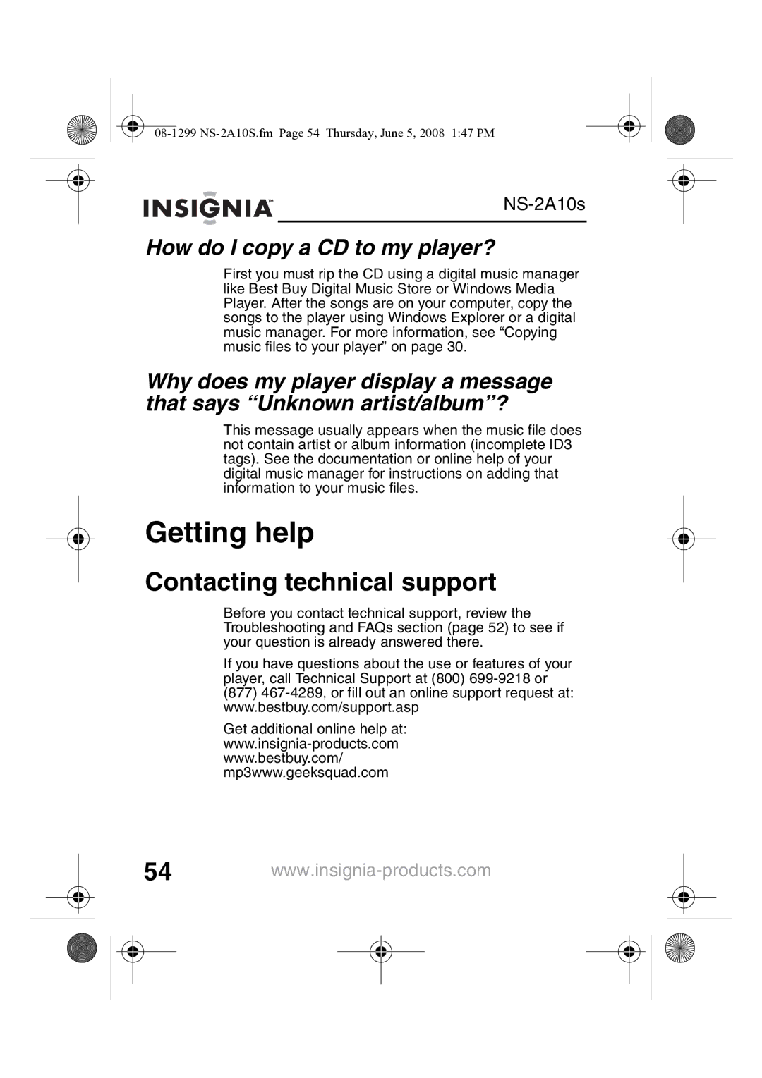 Insignia NS-2A10S manual Getting help, Contacting technical support, How do I copy a CD to my player? 