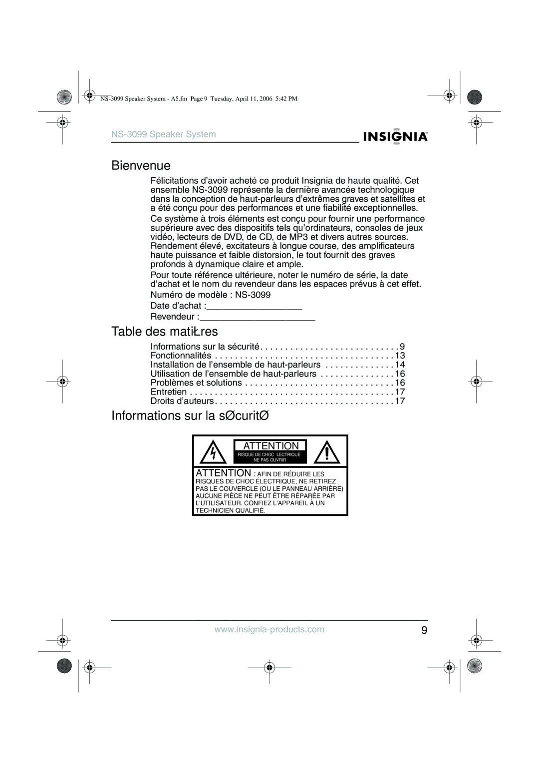 Insignia NS-3099 manual Bienvenue, Table des matières, Informations sur la sécurité 