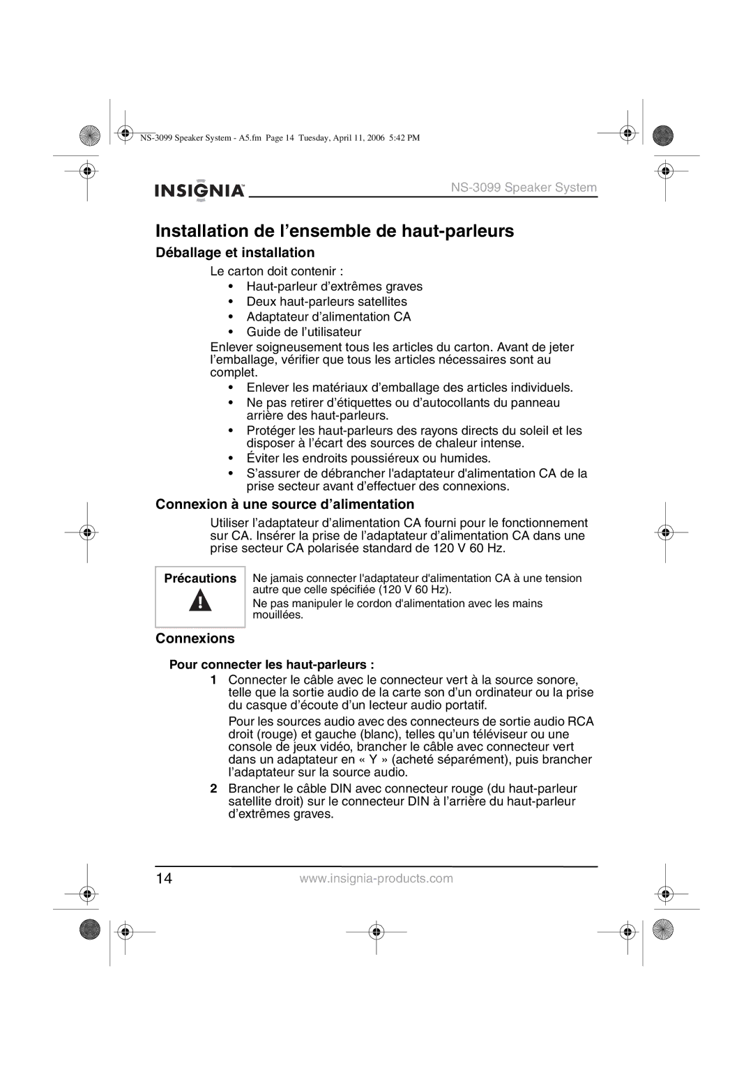 Insignia NS-3099 manual Installation de l’ensemble de haut-parleurs, Déballage et installation, Connexions 