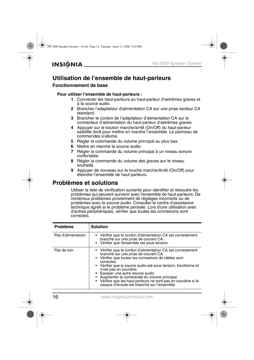 Insignia NS-3099 manual Utilisation de l’ensemble de haut-parleurs, Problèmes et solutions, Fonctionnement de base 