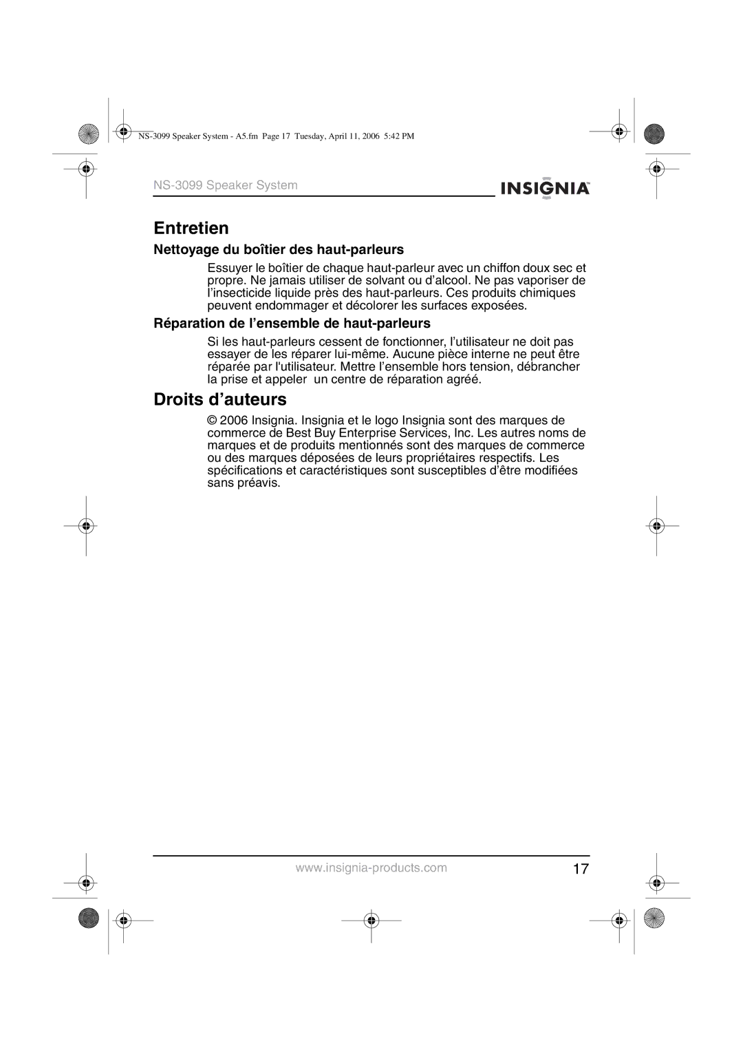 Insignia NS-3099 manual Entretien, Droits d’auteurs, Nettoyage du boîtier des haut-parleurs 