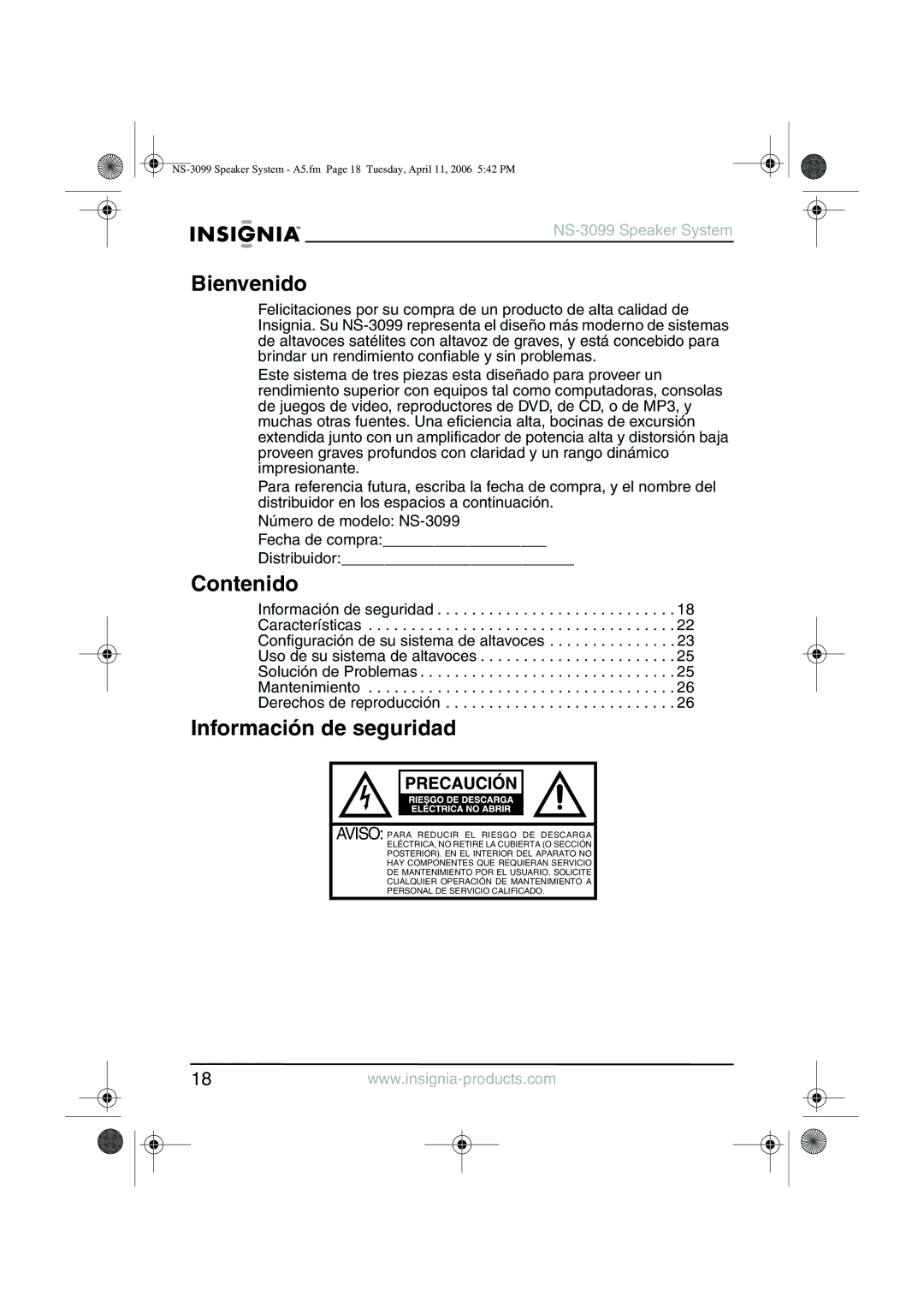 Insignia NS-3099 manual Bienvenido, Contenido, Información de seguridad 