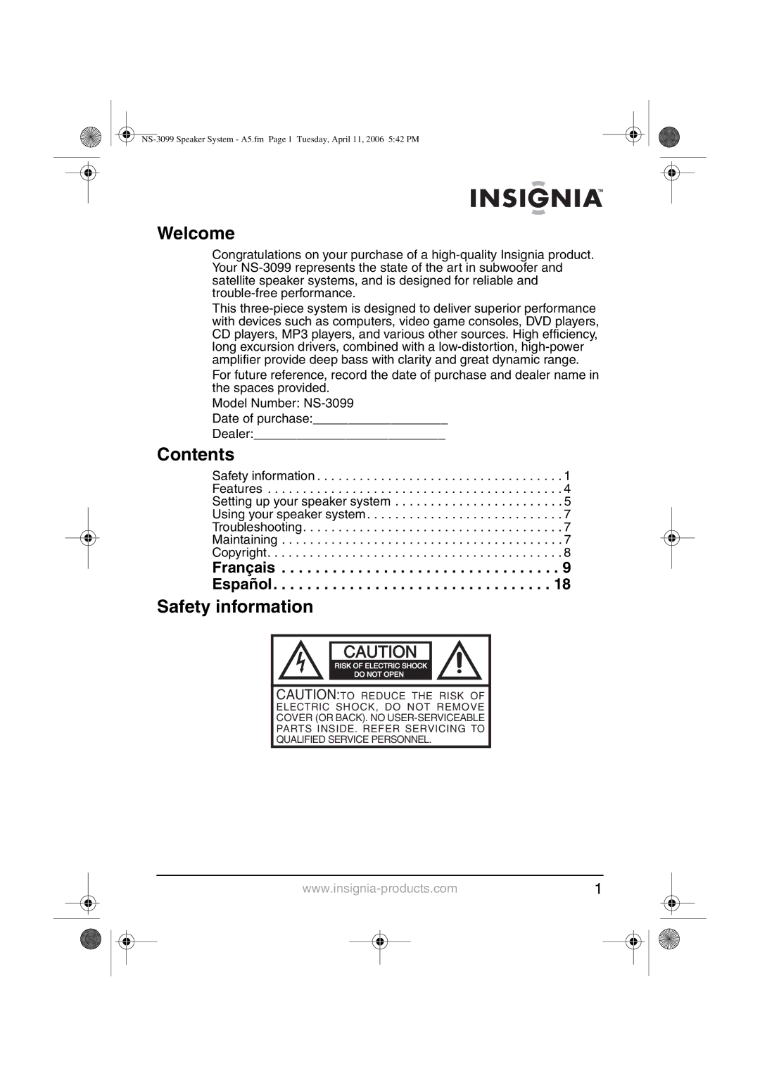 Insignia NS-3099 manual Welcome, Contents, Safety information 