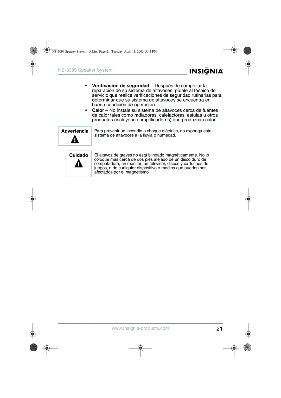 Insignia NS-3099 manual Advertencia Cuidado 