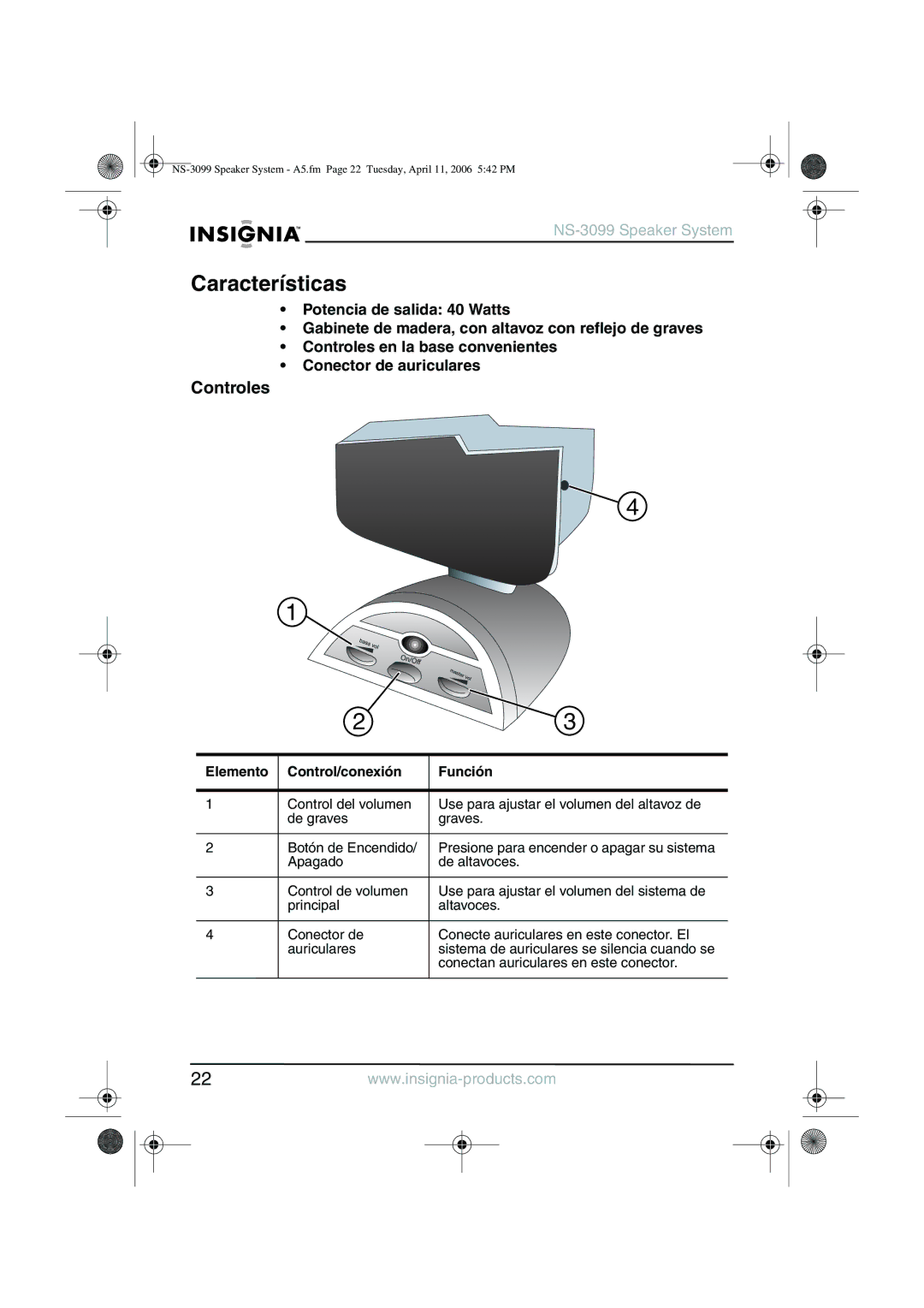 Insignia NS-3099 manual Características, Controles 