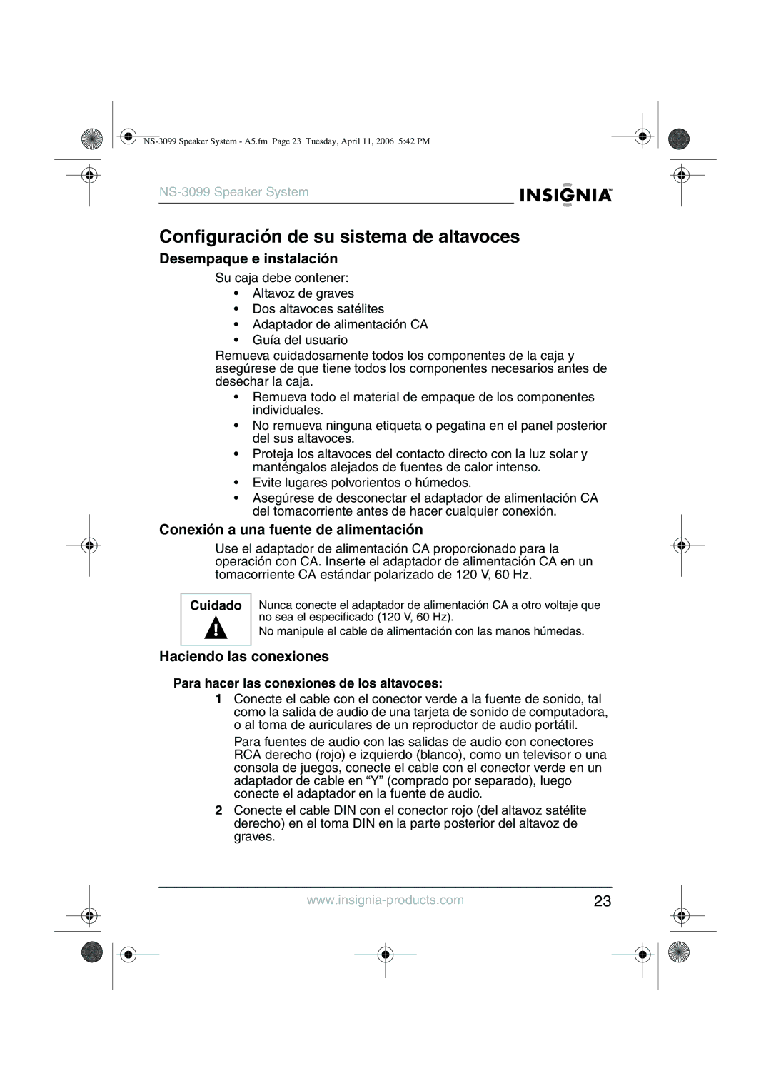 Insignia NS-3099 Configuración de su sistema de altavoces, Desempaque e instalación, Conexión a una fuente de alimentación 