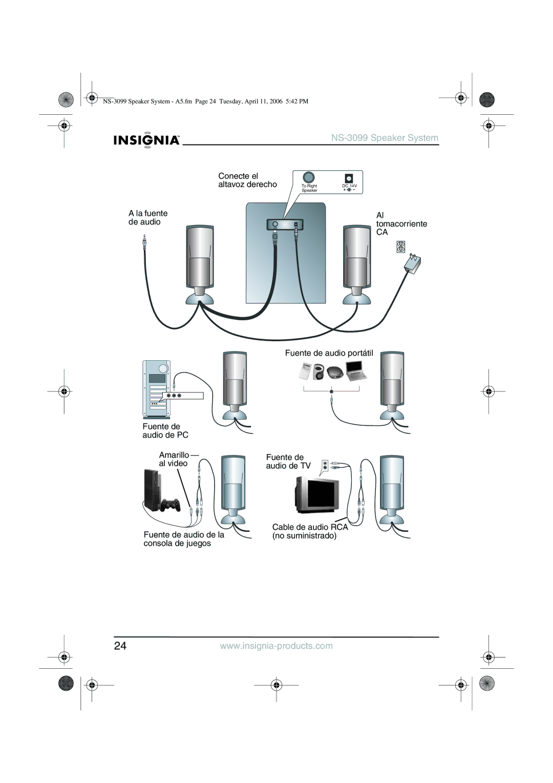 Insignia NS-3099 manual Conecte el altavoz derecho La fuente de audio 