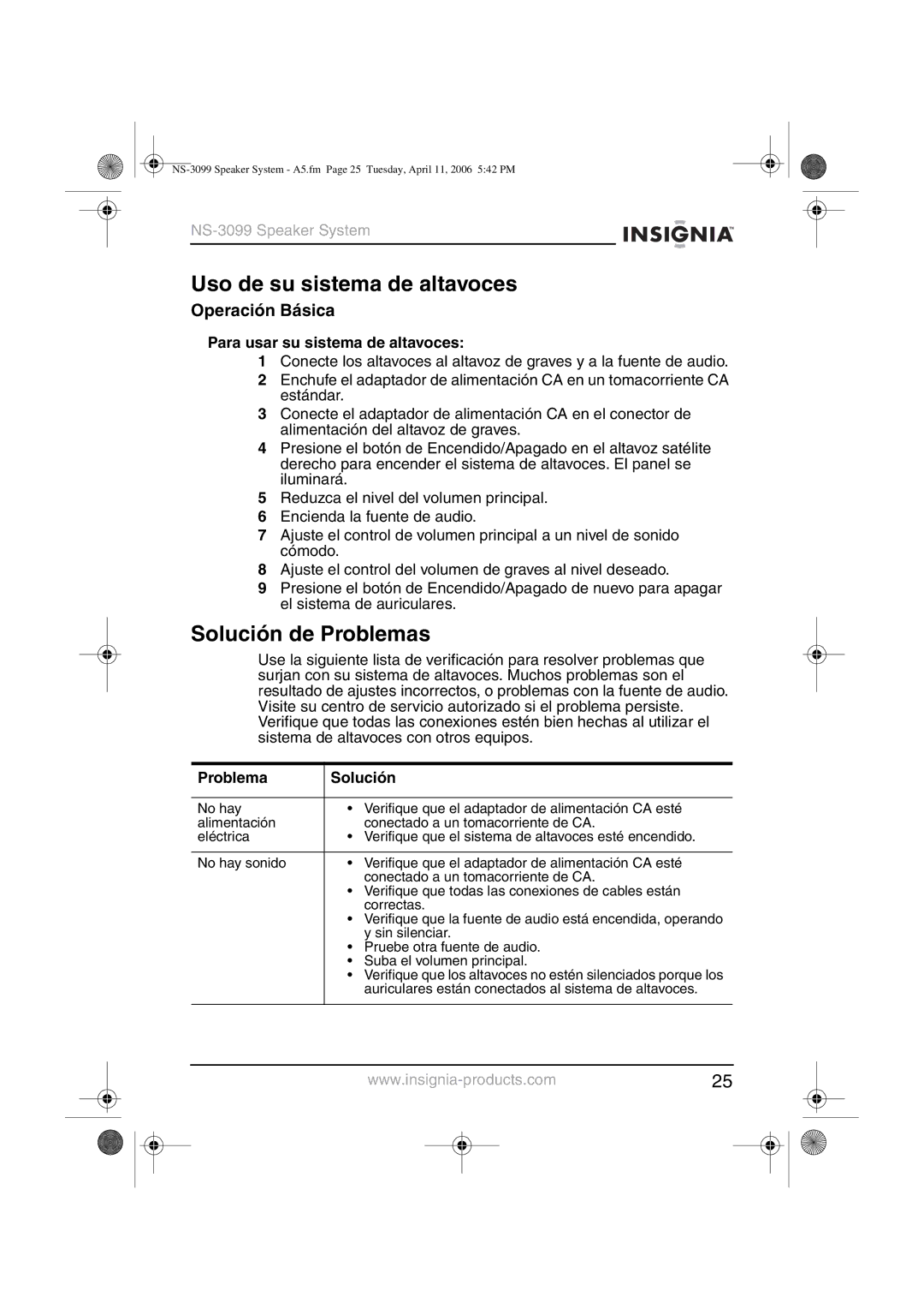 Insignia NS-3099 manual Uso de su sistema de altavoces, Solución de Problemas, Operación Básica, Problema Solución 