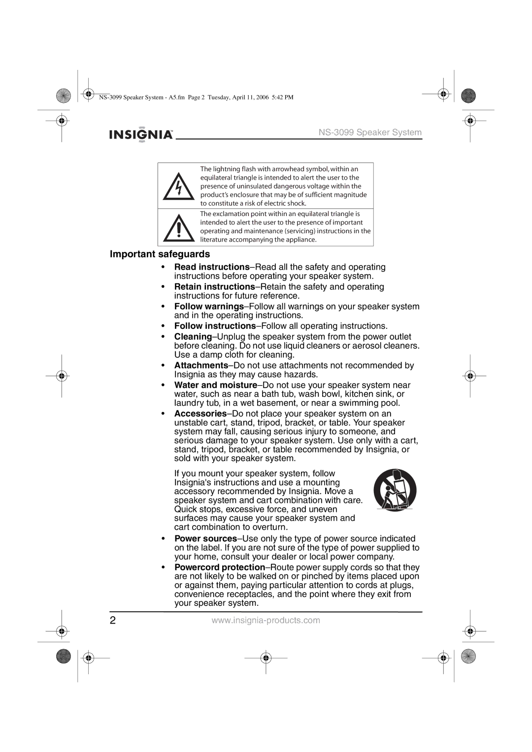 Insignia manual Important safeguards, NS-3099 Speaker System 