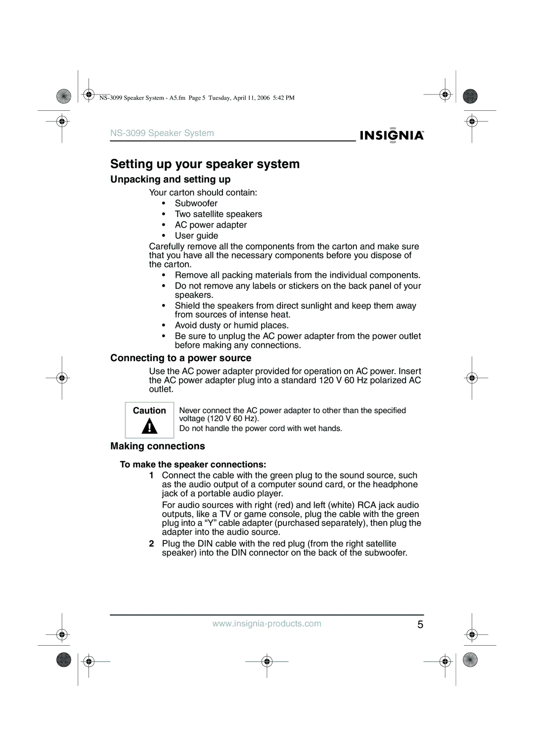 Insignia NS-3099 manual Setting up your speaker system, Unpacking and setting up, Connecting to a power source 