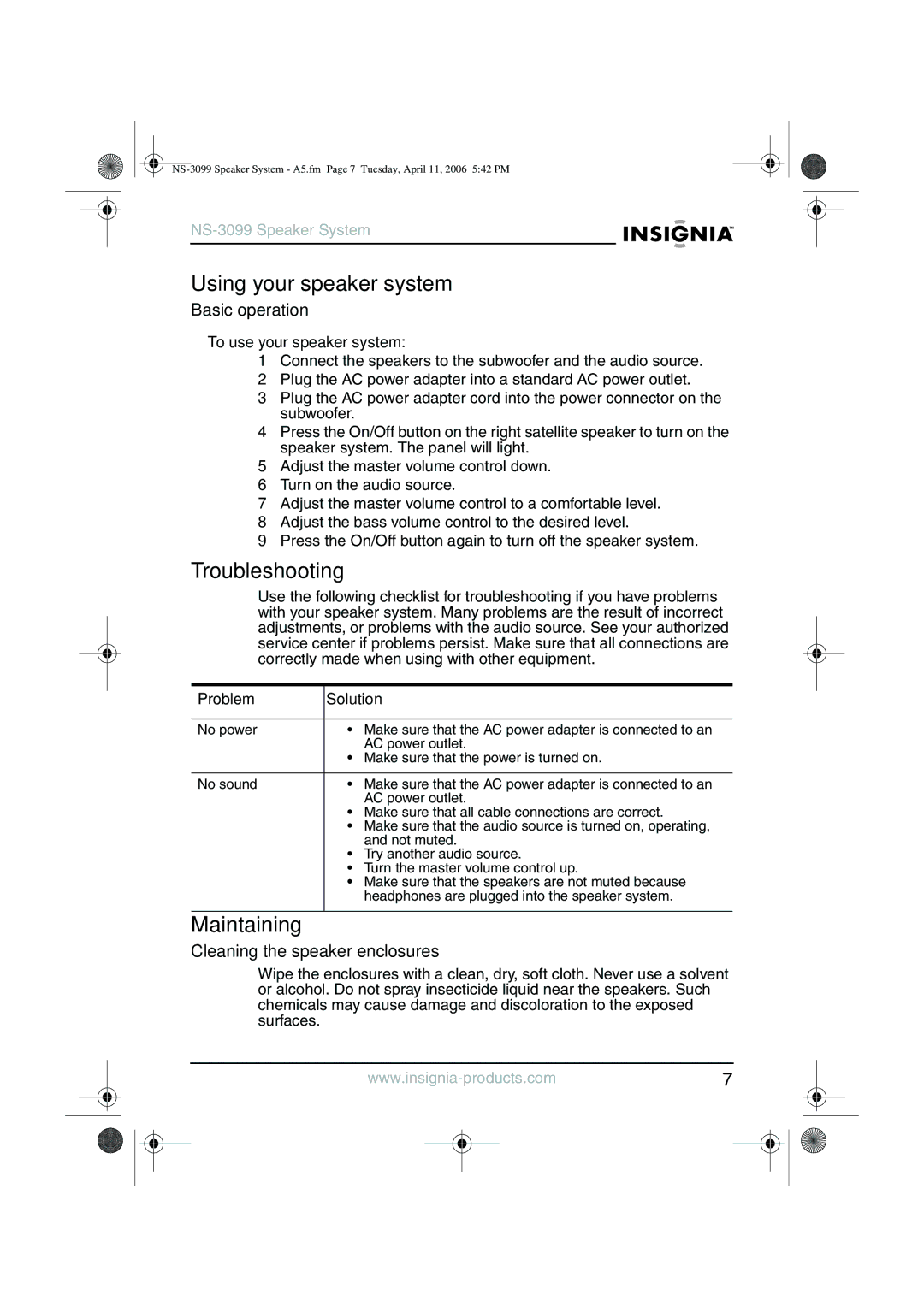 Insignia NS-3099 Using your speaker system, Troubleshooting, Maintaining, Basic operation, Cleaning the speaker enclosures 