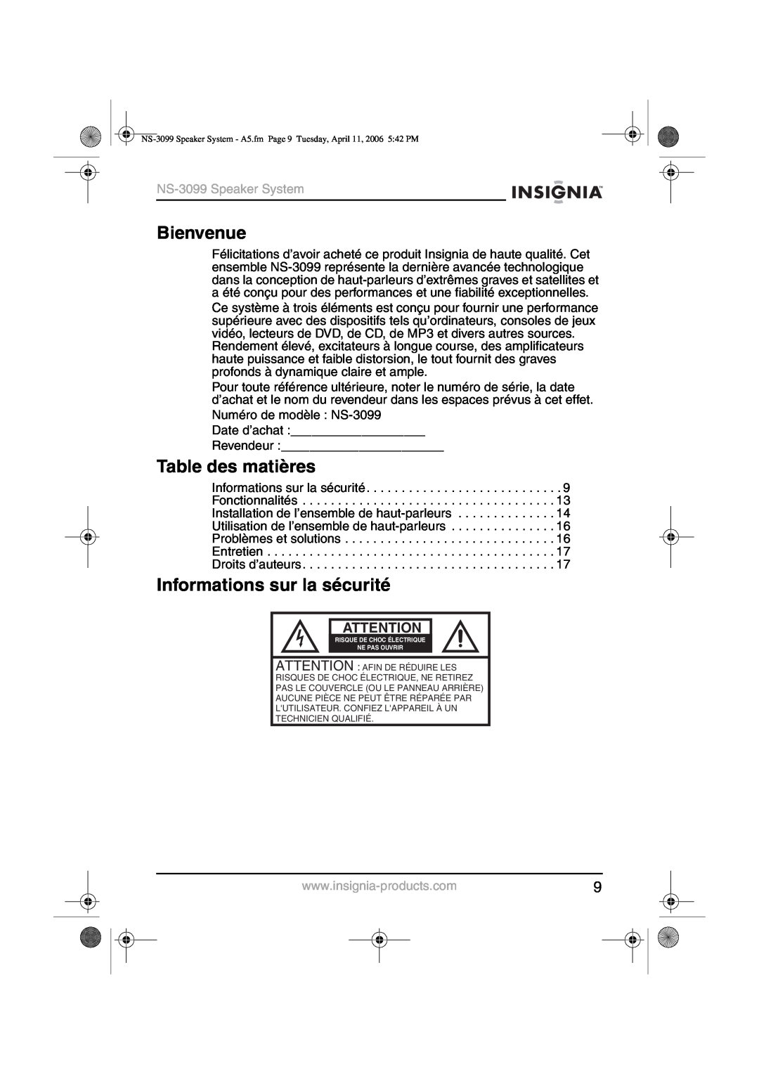 Insignia manual Bienvenue, Table des matières, Informations sur la sécurité, NS-3099Speaker System 