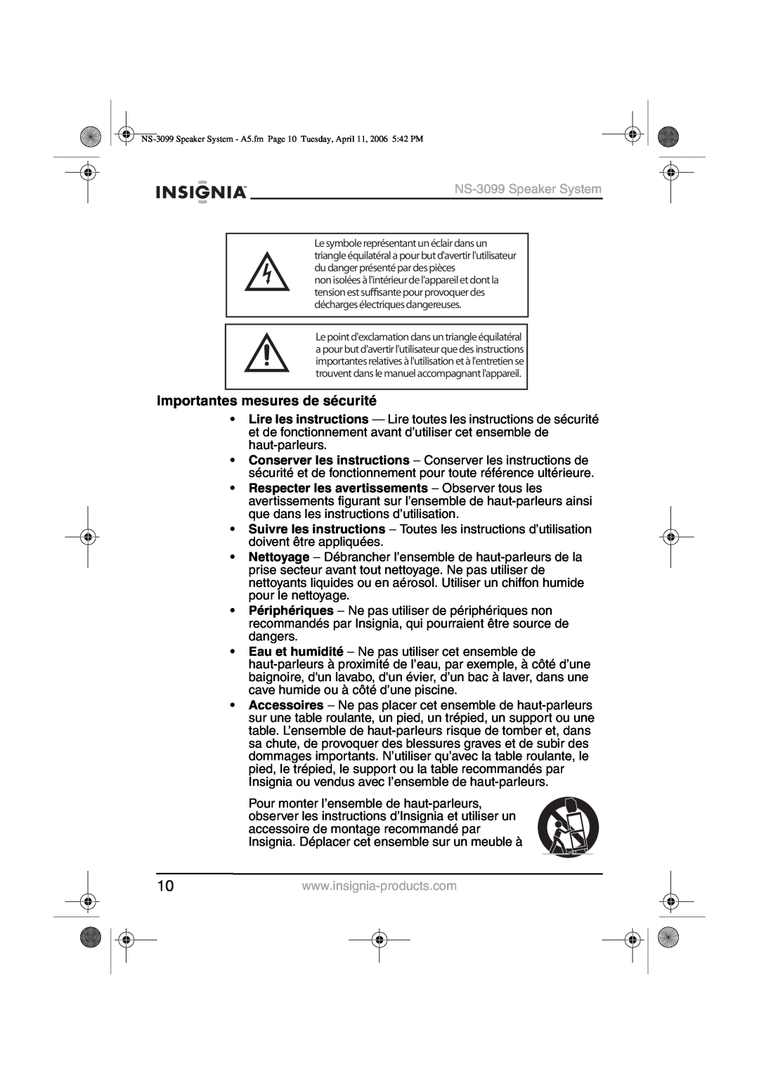 Insignia manual Importantes mesures de sécurité, NS-3099Speaker System 