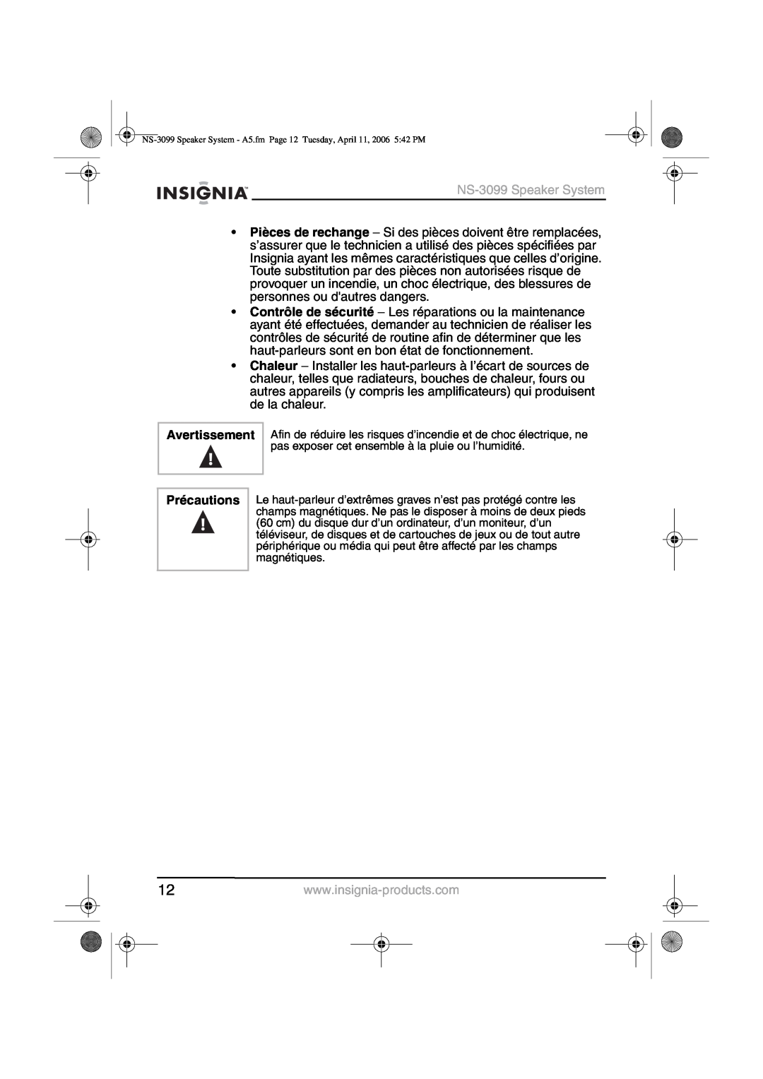 Insignia manual Avertissement, Précautions, NS-3099Speaker System 
