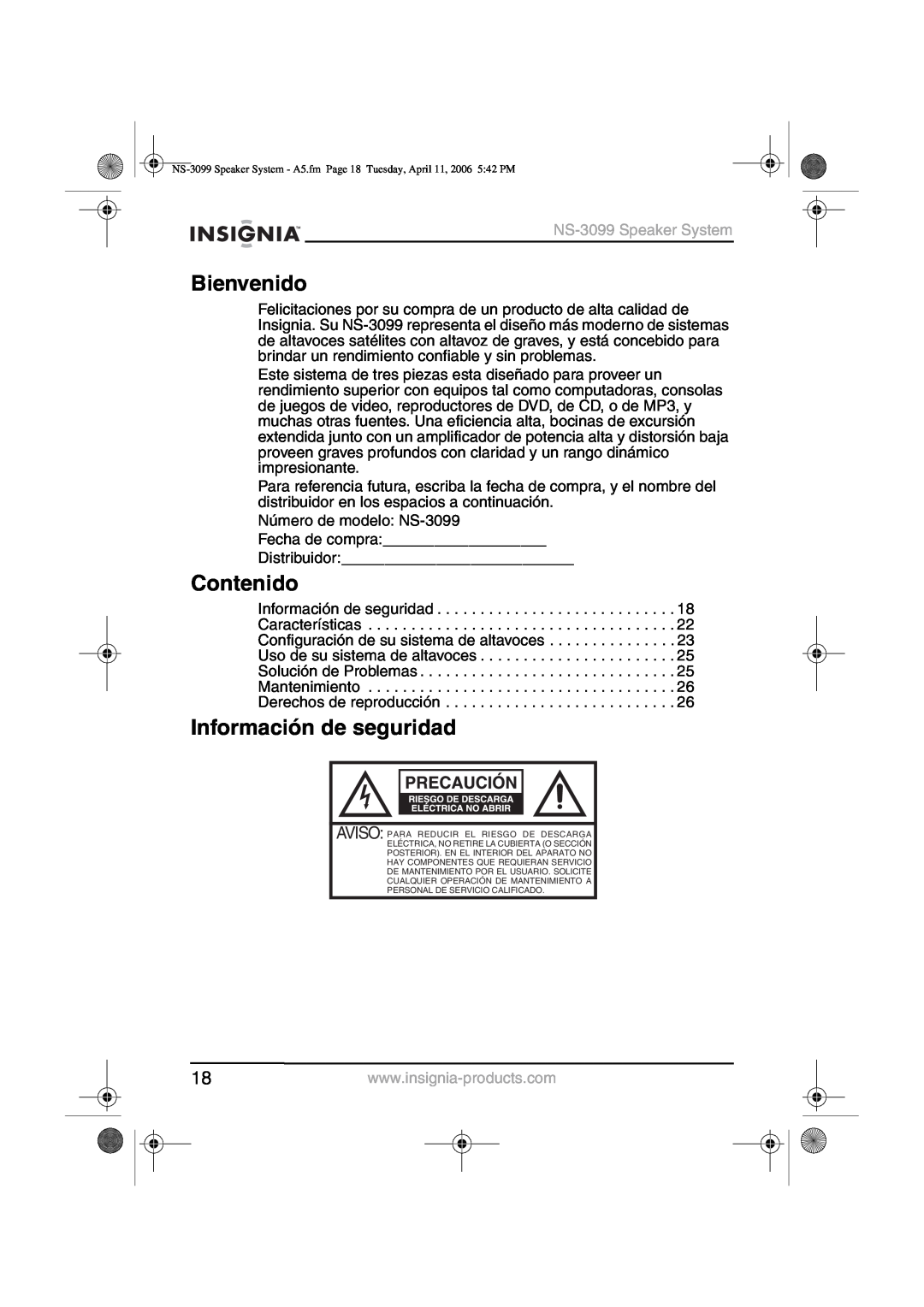 Insignia manual Bienvenido, Contenido, Información de seguridad, NS-3099Speaker System 