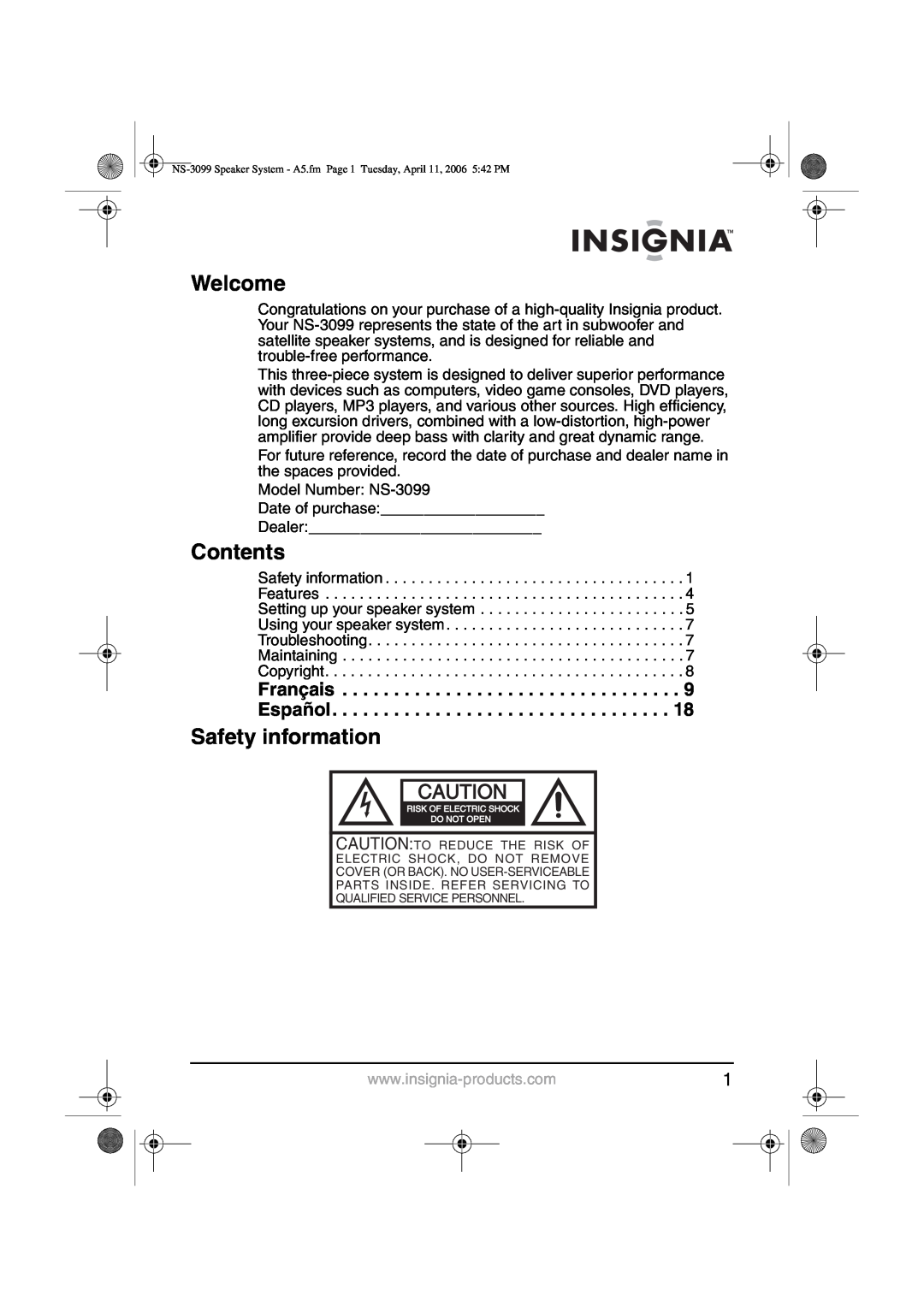 Insignia NS-3099 manual Welcome, Contents, Safety information 