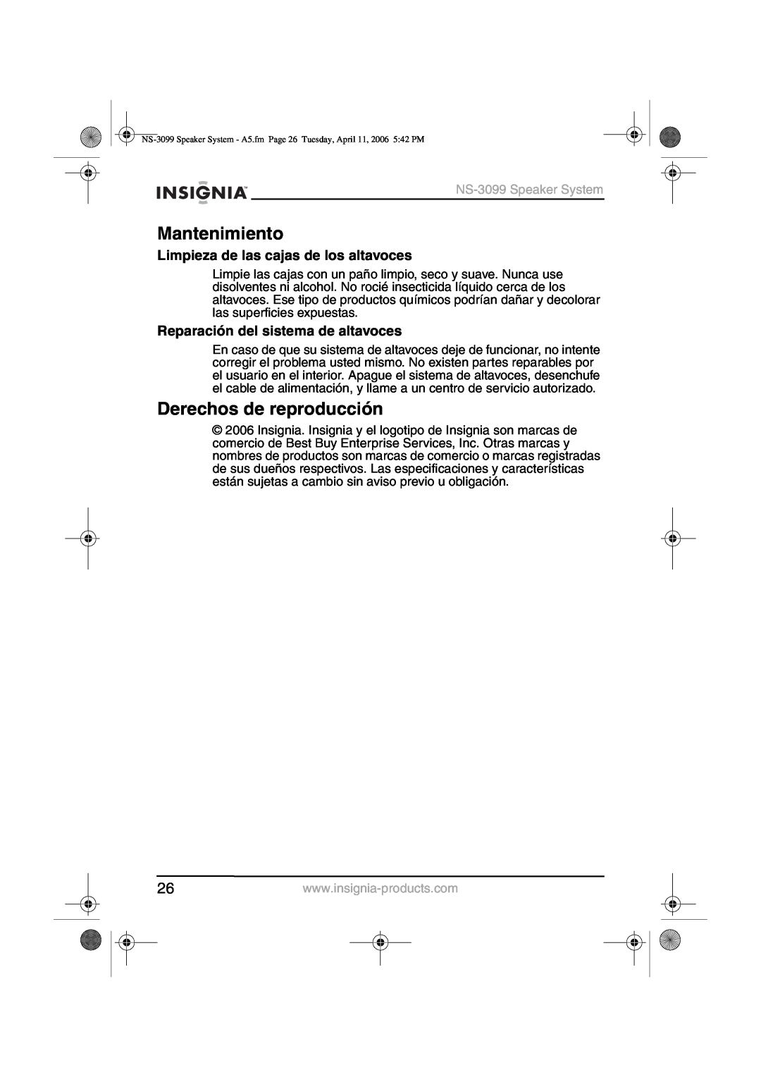 Insignia manual Mantenimiento, Derechos de reproducción, Limpieza de las cajas de los altavoces, NS-3099Speaker System 