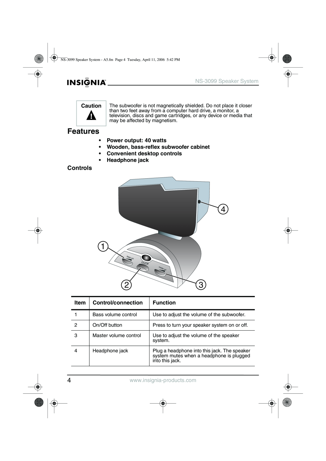 Insignia NS-3099 manual Features, Controls, Power output 40 watts, Wooden, bass-reflexsubwoofer cabinet, Control/connection 