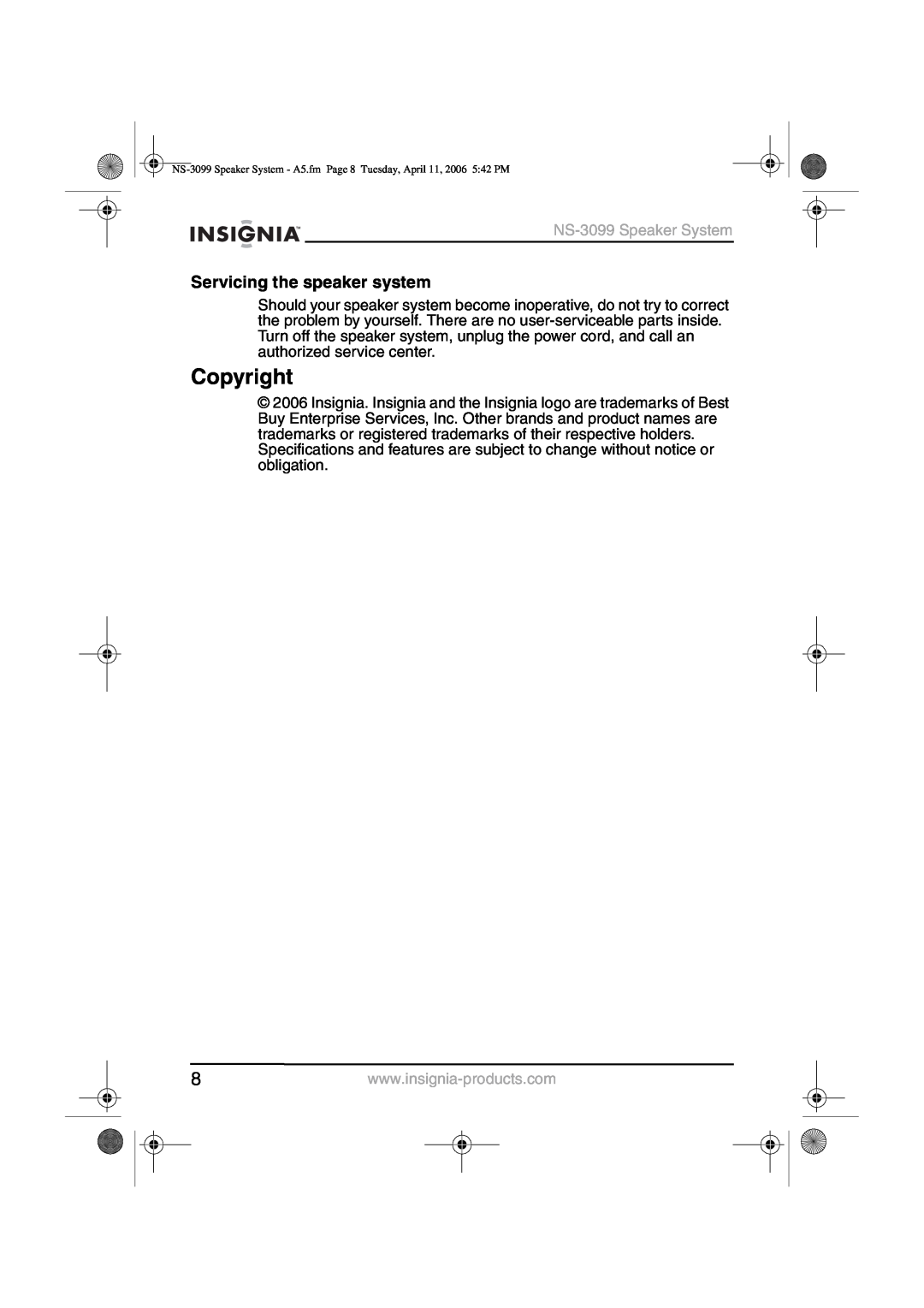 Insignia manual Copyright, Servicing the speaker system, NS-3099Speaker System 