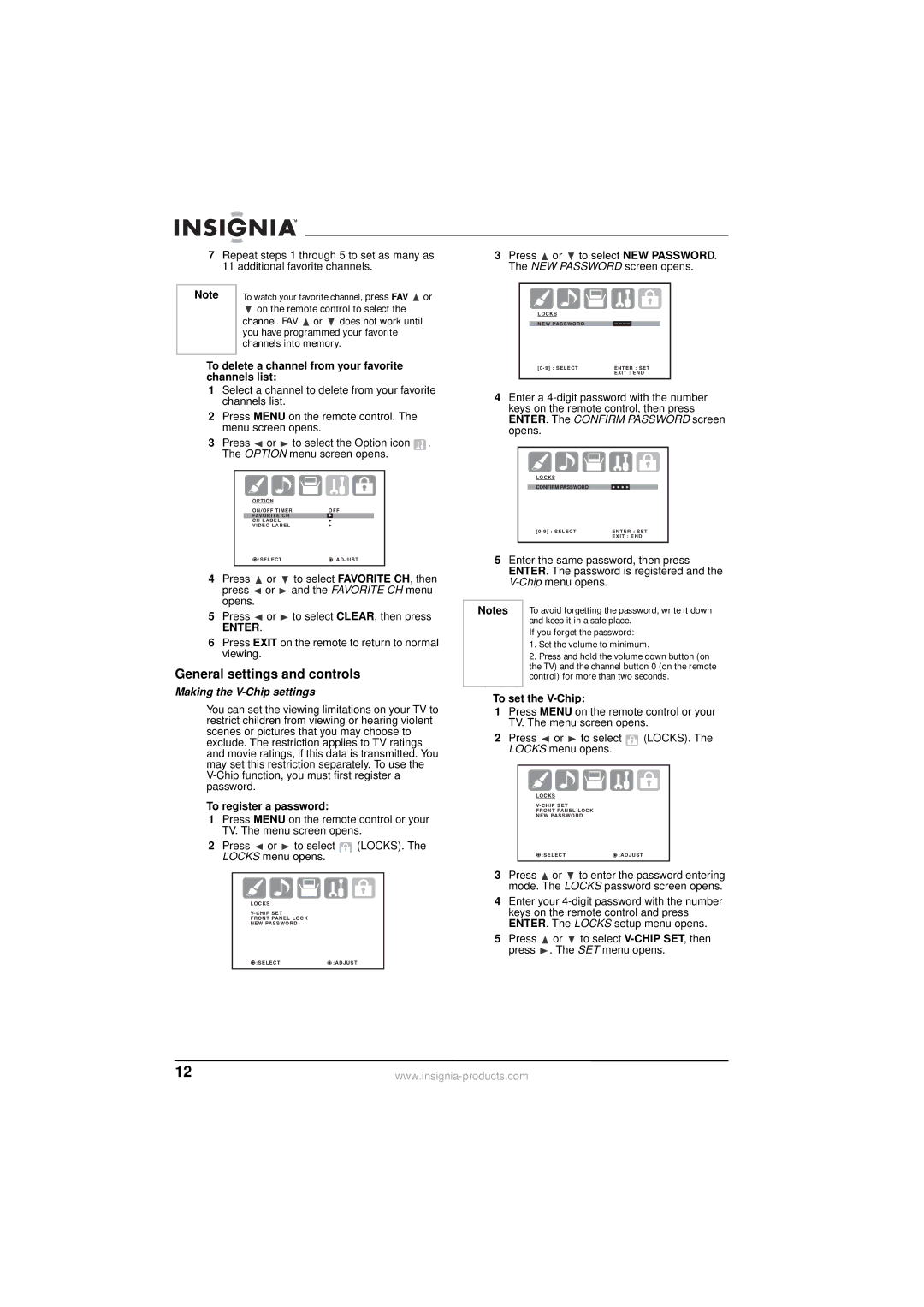 Insignia NS-30HTV General settings and controls, To delete a channel from your favorite channels list, To set the V-Chip 