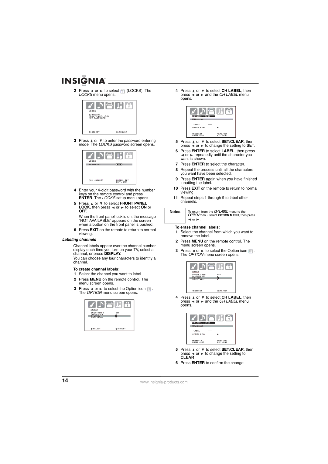 Insignia NS-30HTV Labeling channels, To create channel labels, To erase channel labels, Press Enter to confirm the change 