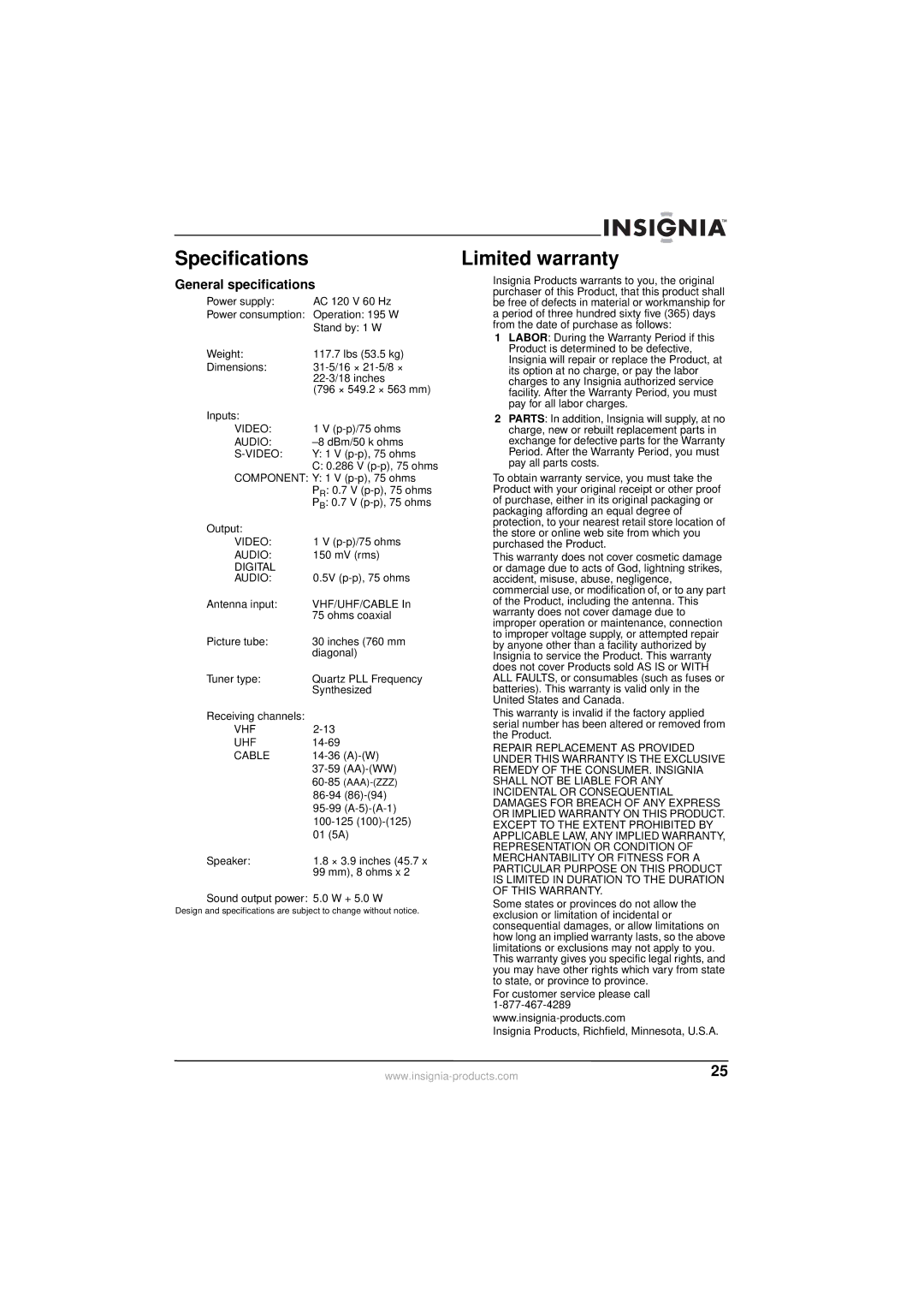 Insignia NS-30HTV manual Specifications, Limited warranty, General specifications 