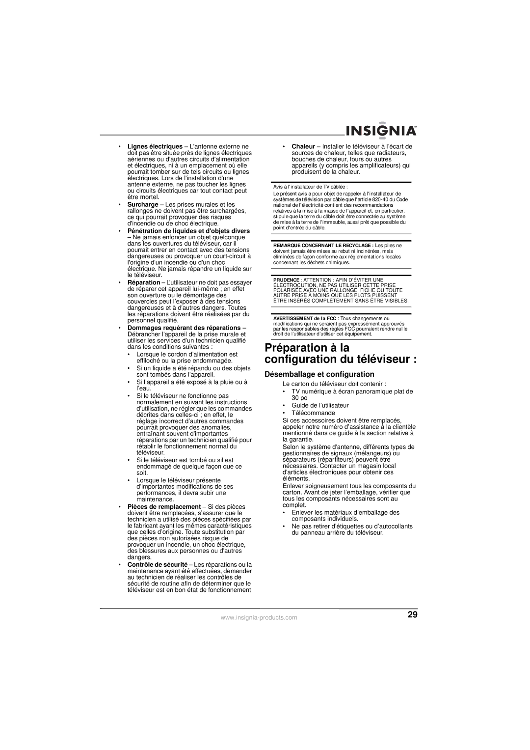 Insignia NS-30HTV manual Préparation à la configuration du téléviseur, Désemballage et configuration 