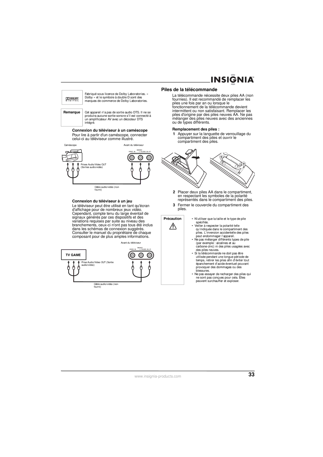 Insignia NS-30HTV manual Piles de la télécommande, Connexion du téléviseur à un caméscope, Connexion du téléviseur à un jeu 